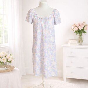 Vintage Haband Nightgown Size M Floral Nylon Pastel Short Sleeve Lounge Dress